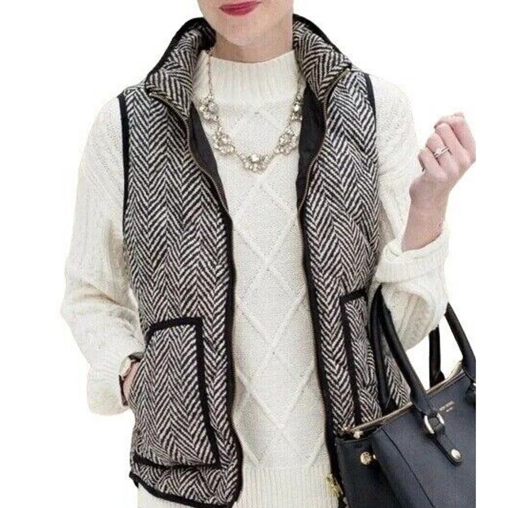 J Crew Down Puffer Vest Womens XXS Black White‎ Herringbone Quilted Preppy Chic